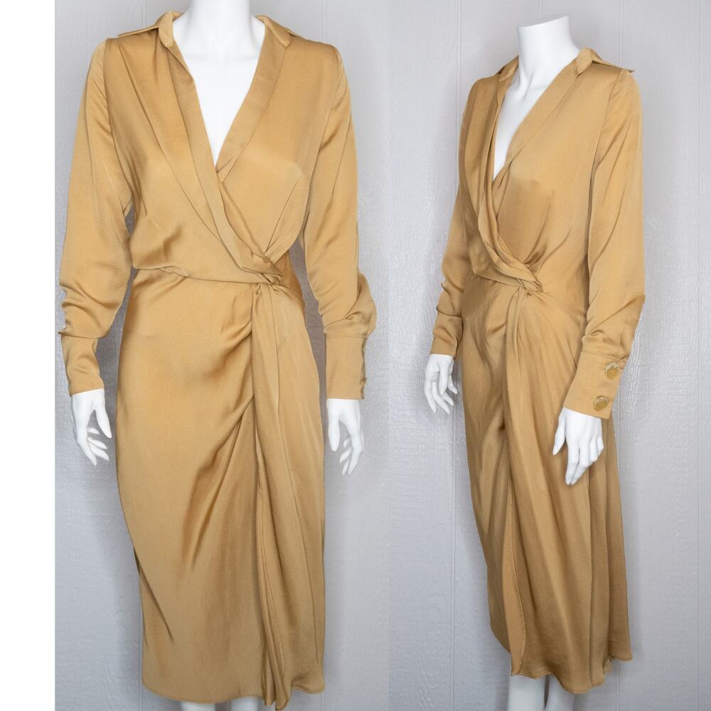 SAINT MOJAVI MAHARAJA Silk Tan Champagne Long Sleeve Faux Wrap Midi Dress MEDIUM